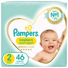 Pampers, Premium Care Diapers, Size 2, Newborn, 3-8 Kg, The Softest Diaper And The Best Skin Protection - 46 Pcs