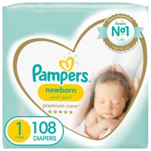 Pampers, Premium Care Diapers, Size 1, Newborn, 2-5 Kg, The Softest Diaper And The Best Skin Protection - 108 Pcs