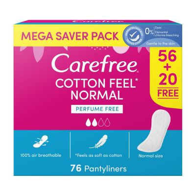 Carefree Feminine Pads Pantyliners Liner Normal Cotton Unscented - 76 Pcs