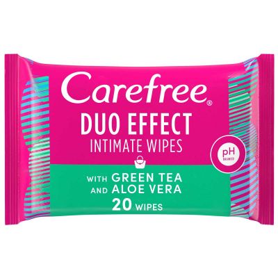 Carefree Daily Intimate Wipes, Duo Effect With Green Tea And Aloe Vera, Pack Of 20 Wipes