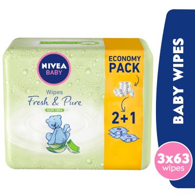 Nivea Baby Wipes, Fresh & Pure, With Aloe Vera Extract, 63 Pcs, 2+1 Free - 1 Kit