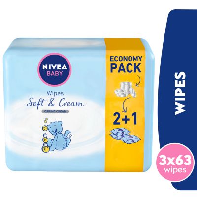Nivea Baby Wipes, Soft & Cream, Caring Cream, 63 Pcs, 2+1 Free - 1 Kit