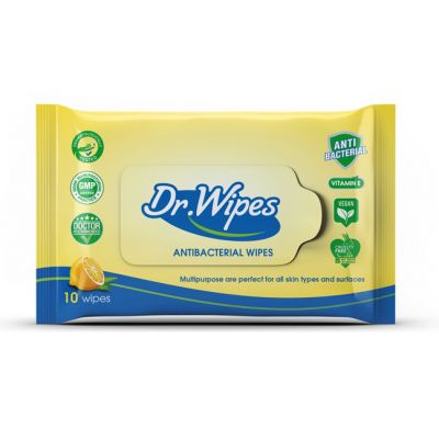 Dr. Wipes, Antibacterial Wipes, Skin & Surfaces - 10 Pcs