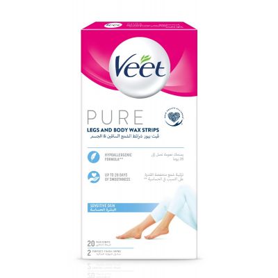Veet Pure, Hair Removal, Legs & Body Wax Strips, Sensitive Skin - 20 Pcs