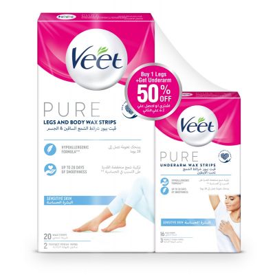 Veet Pure, Hair Removal Wax Strips, Sensitive Skin, Body & Leg & Underarm - 1 Kit