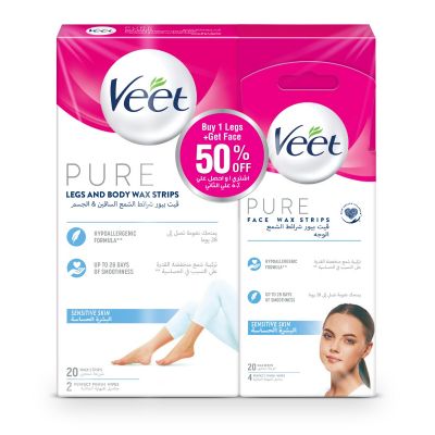 Veet Pure, Hair Removal Wax Strips, Sensitive Skin, Body & Leg & Face - 1 Kit