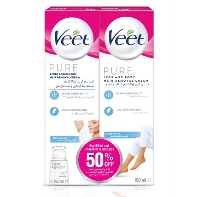 Veet Pure, Hair Removal Cream, Sensitive Skin, Bikini & Underarm & Legs & Body - 1 Kit