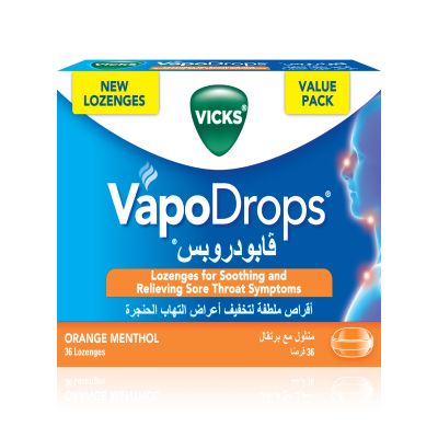Vicks, Vapodrops, Lozenges, For Soothing & Relieving Sore Throat, Orange Flavor - 36 Pcs