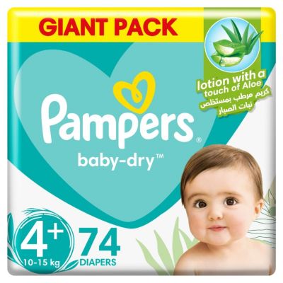 Pampers, Baby-Dry Diapers, With Aloe Vera Lotion And Leakage Protection, Size 4+, 10-15 Kg - 74 Pcs