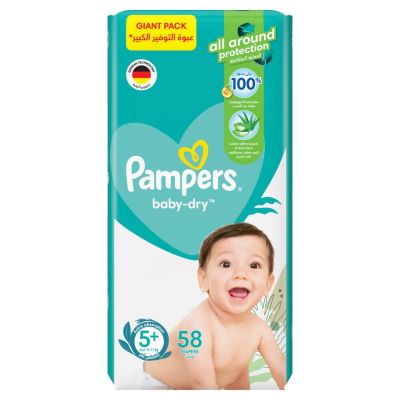 Pampers, Baby-Dry Diapers, With Aloe Vera Lotion And Leakage Protection, Size 5+, 12-17 Kg - 58 Pcs