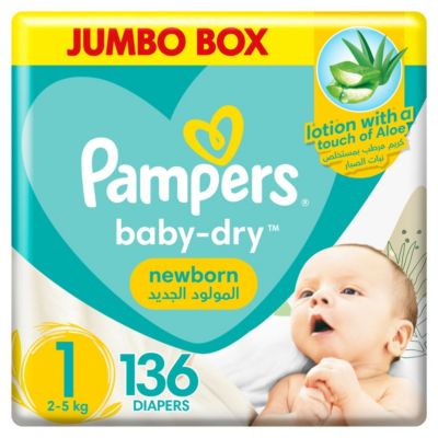 Pampers, Baby-Dry Newborn Diapers, With Aloe Vera Lotion, & Wetness Indicator, Size 1, 2-5 Kg - 136 Pcs