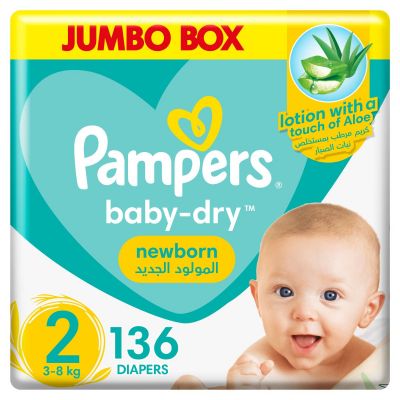 Pampers, Baby-Dry Newborn Diapers, With Aloe Vera Lotion, & Wetness Indicator, Size 2, 3-8 Kg - 136 Pcs