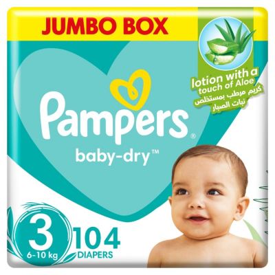 Pampers, Baby-Dry Diapers, With Aloe Vera Lotion And Leakage Protection, Size 3, 6-10 Kg - 104 Pcs