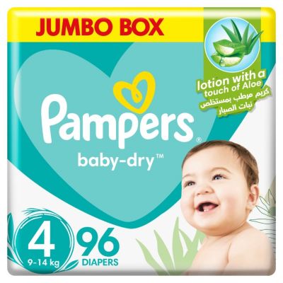 Pampers, Baby-Dry Diapers, With Aloe Vera Lotion And Leakage Protection, Size 4, 9-14 Kg - 96 Pcs