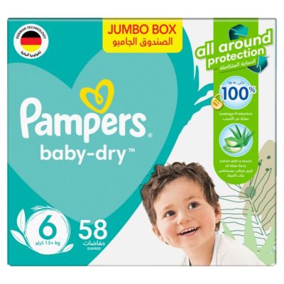 Pampers, Baby-Dry Diapers, With Aloe Vera Lotion And Leakage Protection, Size 6, 13+ Kg - 58 Pcs