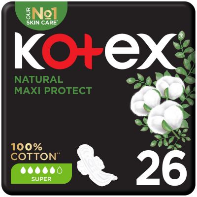 Kotex, Feminine Napkins, Cotton, Maxi Thick Super - 26 Pcs