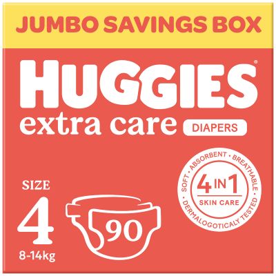 Huggies, Baby Diapers, Extra Care, Size 4, 8-14 Kg, Jumbo Box - 90 Pcs