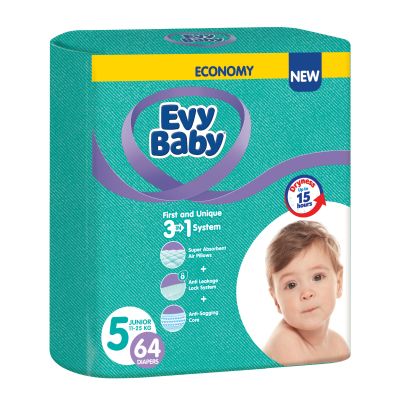 Evy Baby, Diapers, Number 5, From 11-25 Kg, Economy Pack - 64 Pcs